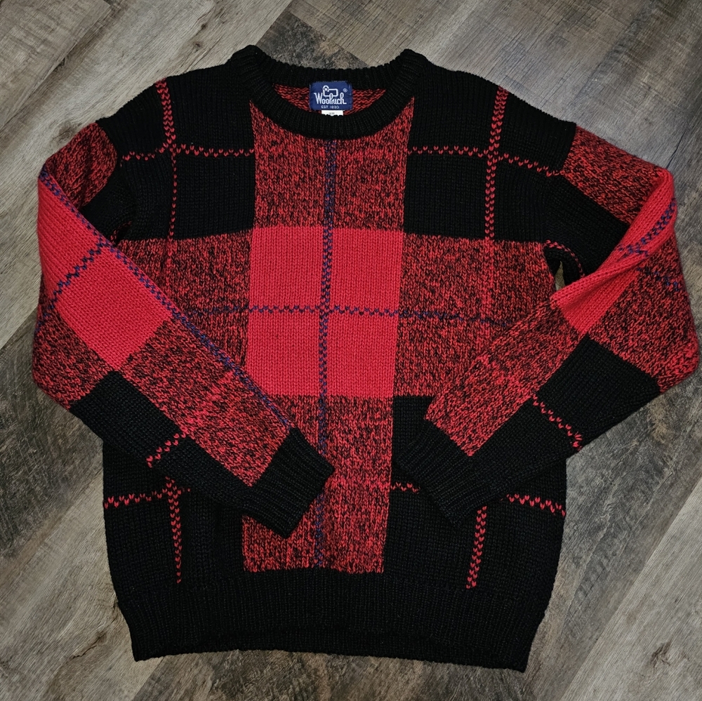 Vintage Woolrich Men's Red and Black Sweater, Wool And Nylon, Size Medium